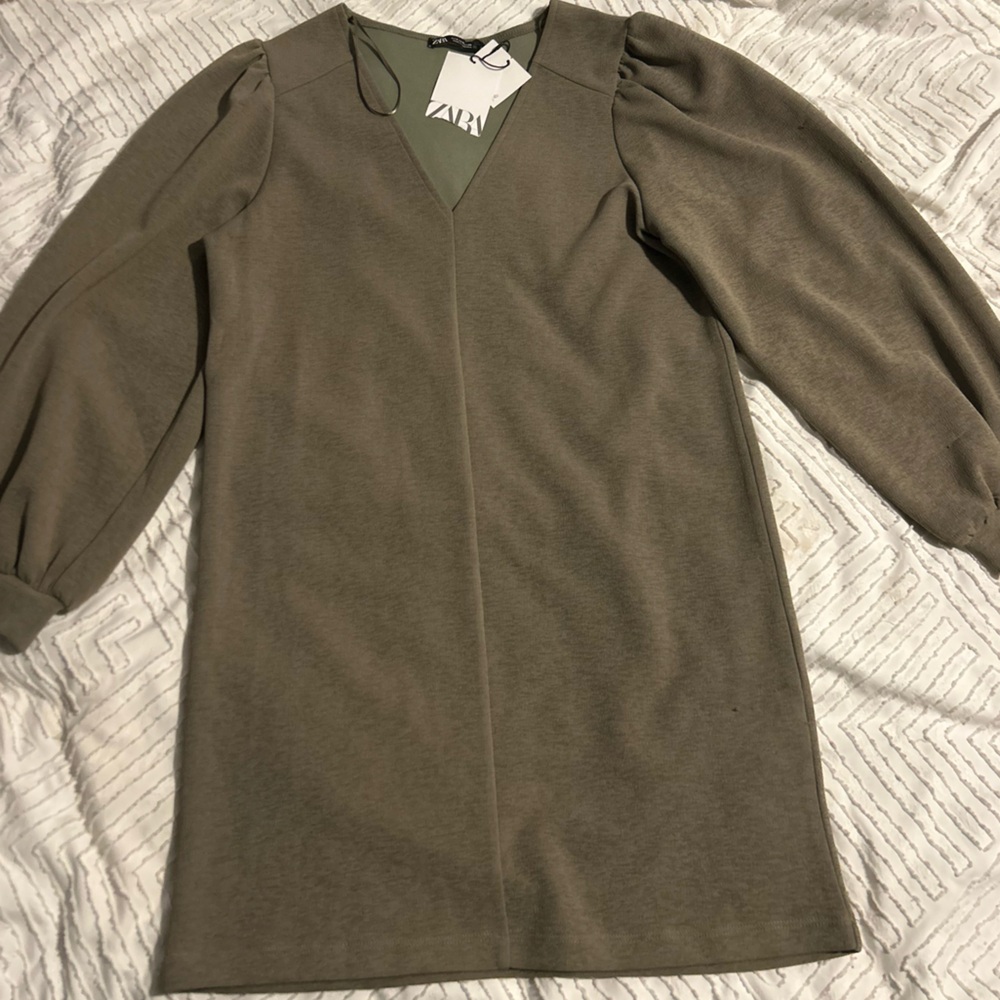 Zara Olive Green Flowy Fall Mini Dress
